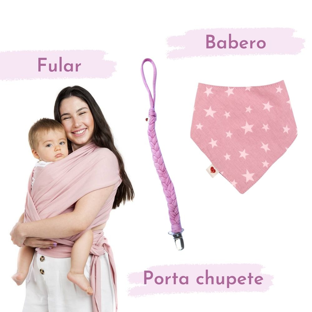 Ajuar Baby Shower (Fular + Portachupete + Babero) Palo Rosa