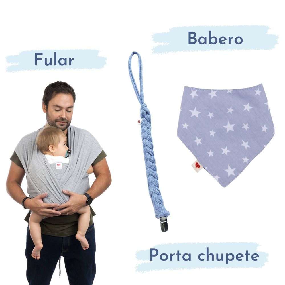 Ajuar Baby Shower (Fular + Portachupete + Babero) Gris